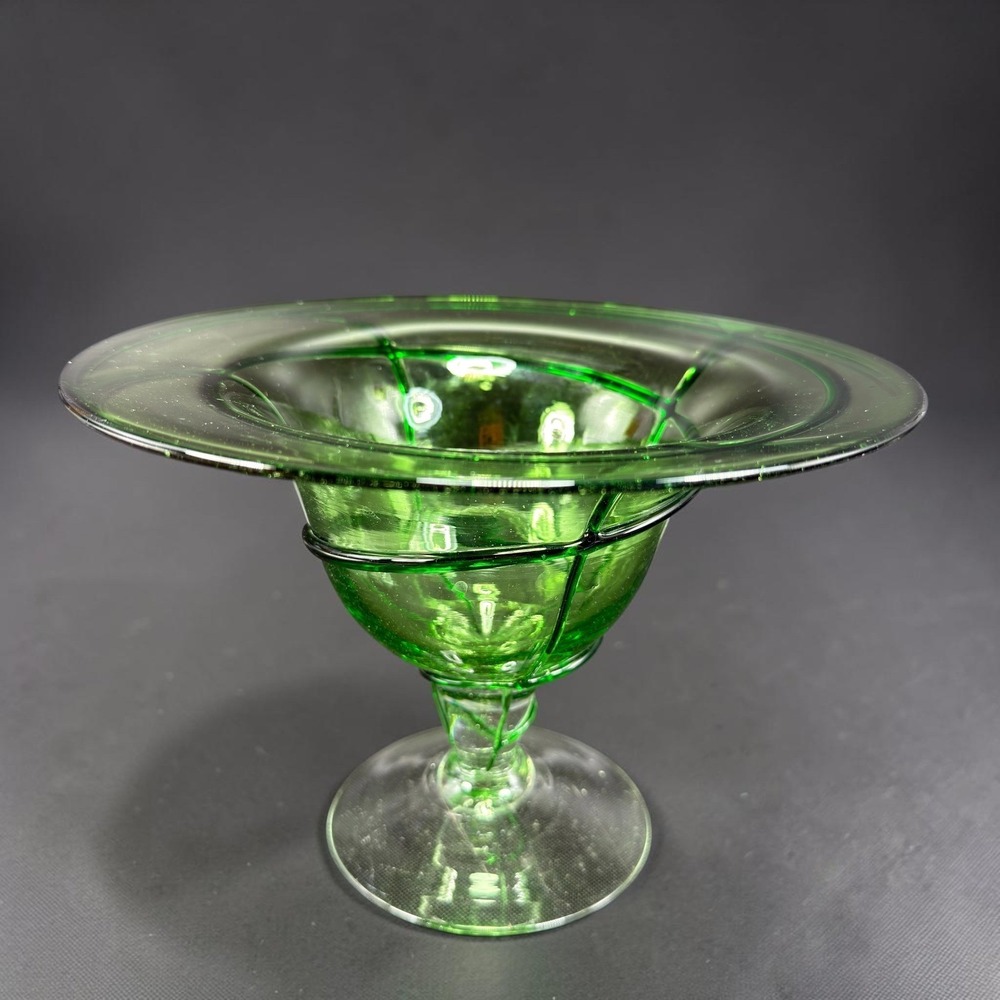 Aromatique Green Swirl Glass Bowl Mouth Blown 6x8 Made in USA Footed Centerpiece